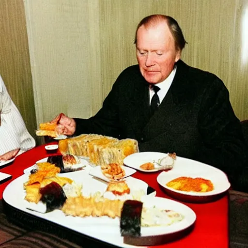 Image similar to Old photo of Harald V the king of Norway eating sushi