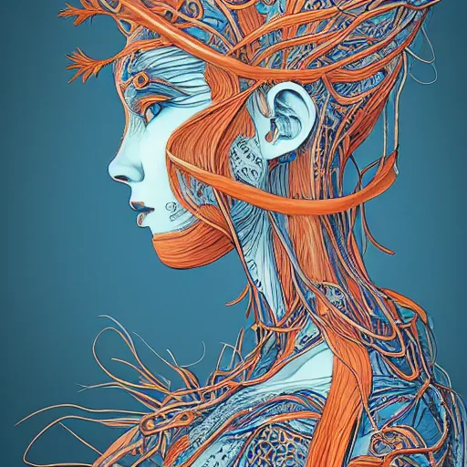 Prompt: the head of an extremely beautiful woman partially made of carrots and blueberries, an ultrafine detailed illustration by james jean, final fantasy, intricate linework, bright colors, behance contest winner, vanitas, angular, altermodern, unreal engine 5 highly rendered, global illumination, radiant light, detailed and intricate environment