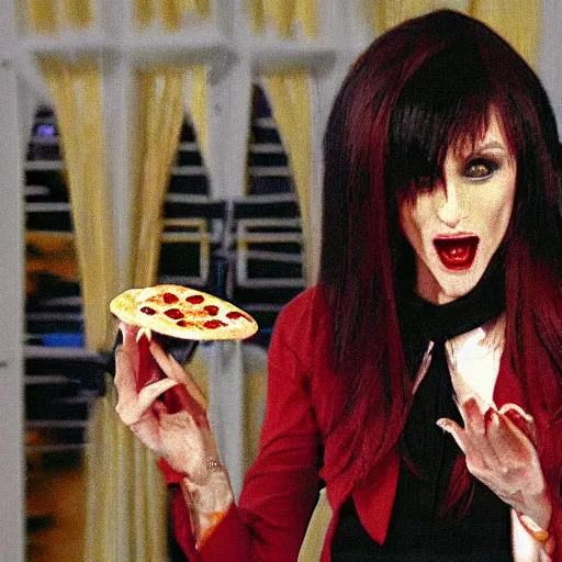 Prompt: vampire being interviewed on national television about pizzas paiting, high deatils