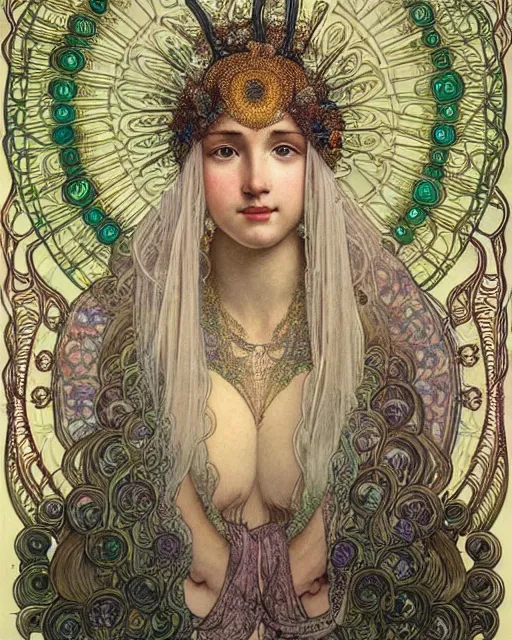 Prompt: portrait of a beatiful young goddess with intricate jellyfish headdress, dark background, intricate hyper detailed art by ernst haeckel and alphonse mucha,