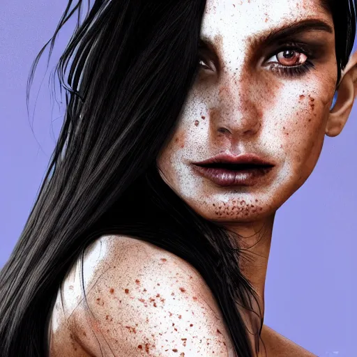 Prompt: pretty woman with long black hair, freckles on face, suntanned skin, dark brown middle eastern eyes narrowed, scar on left side of neck, wearing black armor, digital art, hyperdetailed, hyperrealistic, 4 k, 8 k