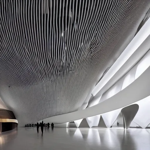 Image similar to extremely elegant detailed stunning beautiful futuristic museum lobby interior by Zaha Hadid