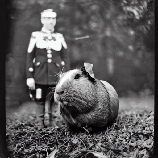 Prompt: a guinea pig wearing a Russian ww1 uniform surrounded by dead trees, grainy black and white photograph