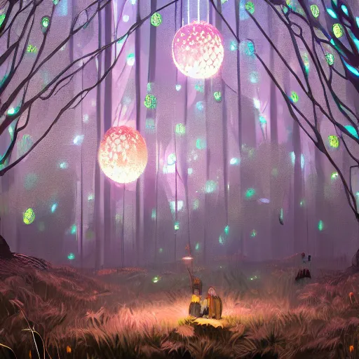 Image similar to with imeadenthewoody theme of forest, northern hemisphere trending on artstation, beautiful digital illustration trending on artstation a farm of disco balls by ilyphara, lilypad, swords, effigy