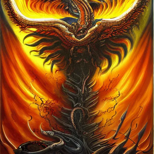 Prompt: painting by h. r. giger, phoenix rising from the ashes, energetic composition, cloudy, hellfire, brimstone, highly detailed painting, 4 k, extreme rage, wrath