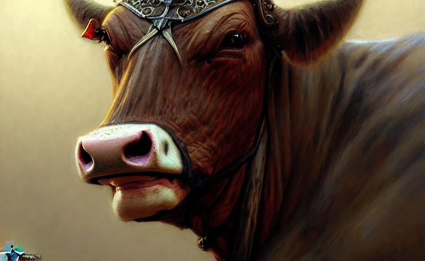 Image similar to cow warrior as a realistic fantasy knight, closeup portrait art by donato giancola and greg rutkowski, realistic face, digital art, trending on artstation, symmetry!!