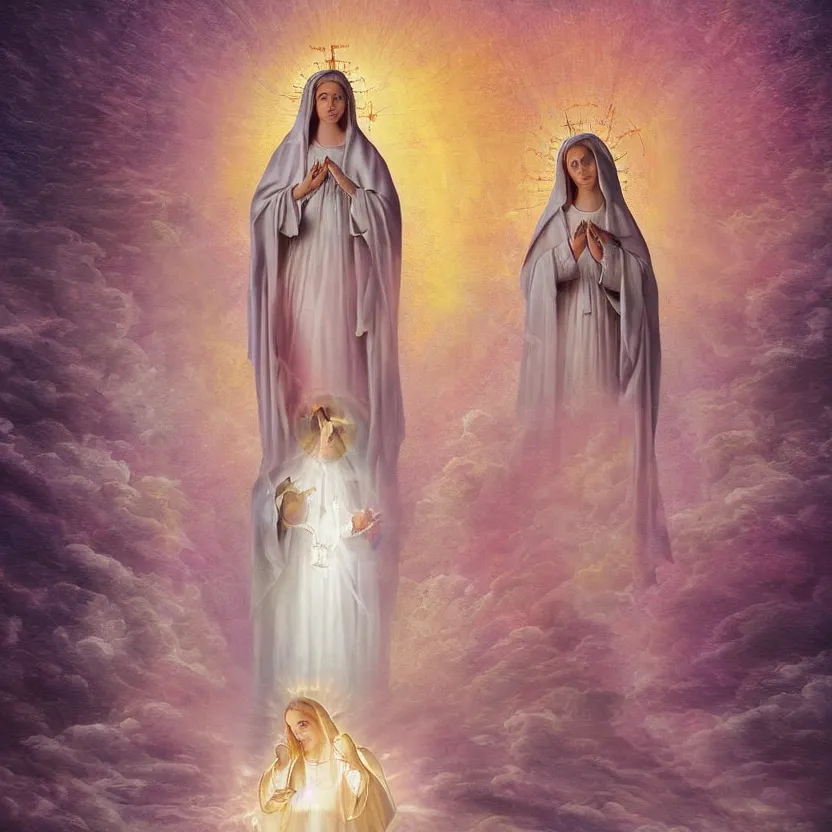 Image similar to virgin mary, our lady of lourdes, blessed mother in front of a pink waterfall with ribbons and angels in clouds. highly detailed digital art. beautiful lighting. trending on artstation.