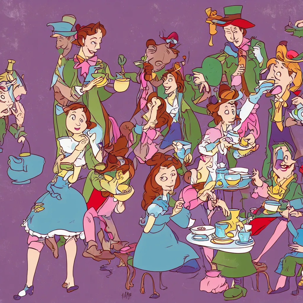 Prompt: A Tea Party were the attendants are Alice from Alice In Wonderland, Cinderella, Peter Pan and Marty Mcfly, everyone is holding a cup and enjoying the moment, 4k, digital art