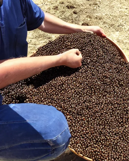 Prompt: farmer picking up carob,