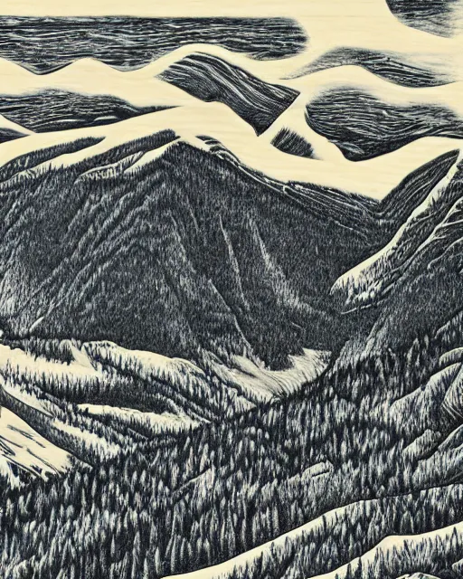 Prompt: an award winning Wood engraving on paper of The Canadian rockies