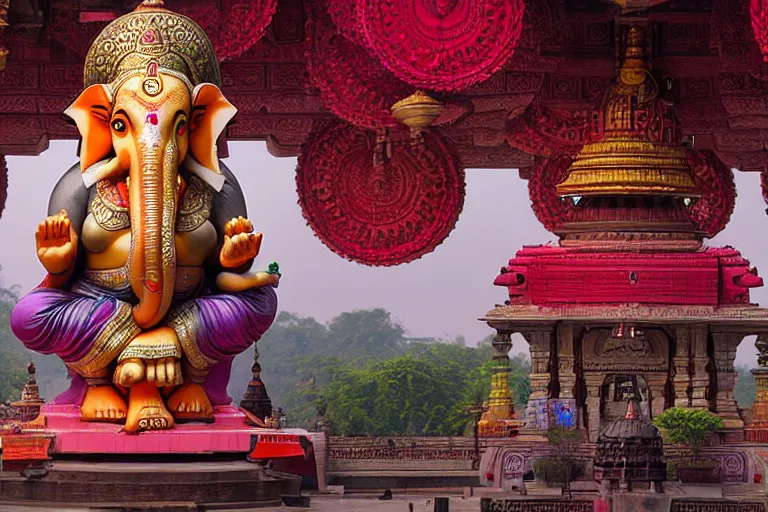 Image similar to beautiful futuristic new delhi, sharp sci - fi ganesha!! building, kalighat flowers, highly detailed cinematic, stephen shore & john j. park, soft morning light, wide shot, high angle, uhd 8 k, shallow depth of field