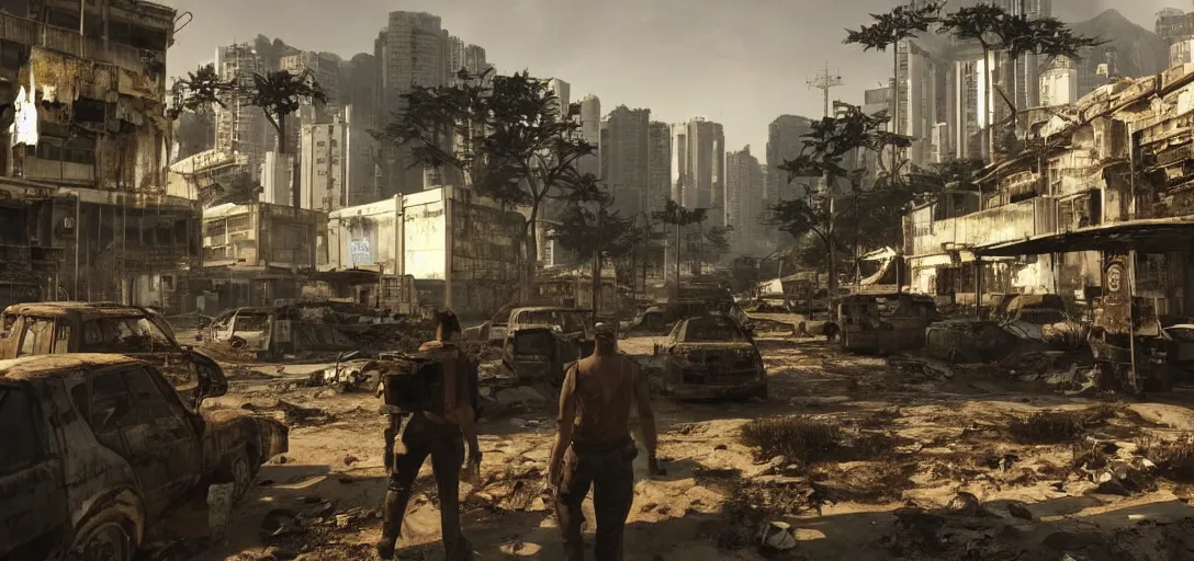 Image similar to A photorealistic and highly detailed landscape of post apocalyptic Hong Kong set in the Fallout Universe, dynamic lighting, very sunny