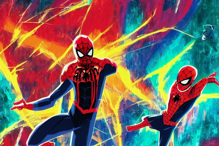 Image similar to anime key visual concept art screenshot, in style of, spider - man into the spider - verse ( 2 0 1 8 ), golden rays, by alberto mielgo, 6 0's french movie poster, french impressionism, vivid colors, palette knife and brush strokes, anaglyph, fish eye lens