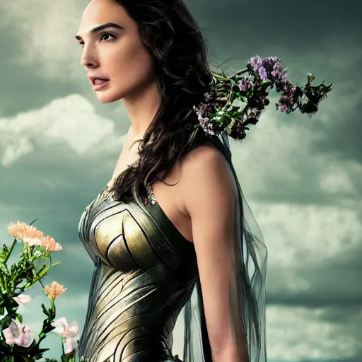 Image similar to fine art, long shot photo of the beauty goddess gal gadot, she has a crown of mesmerizing flowers, she is arriving heaven, background full of stormy clouds, by hr giger