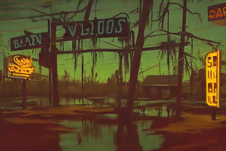 Image similar to scene from louisiana swamps, bar, neon cross, voodoo, artwork by tim eitel