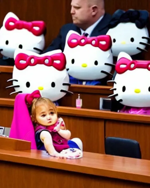 Image similar to Angry Hello Kitty, in a courtroom