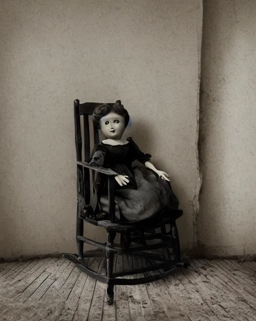 Image similar to closeup portrait of a creepy antique porcelain doll wearing a dirty dress with long wet black hair sitting in a rocking chair next to a child’s bed in a dimly lit filthy room in an abandoned old asylum at night, 8k octane render, cinematic, dramatic lighting, volumetric lighting, vintage photo, (1890)