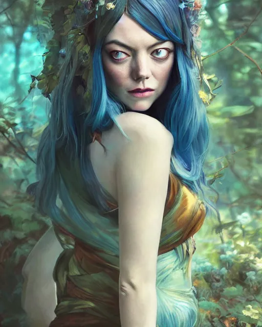 Image similar to stunningly beautiful female blue hair, emma stone face, antasy art, fae priestess, lush forest landscape, dark light night, sharp focus, digital painting, 8 k, concept art, art by wlop, artgerm, greg rutkowski and alphonse mucha