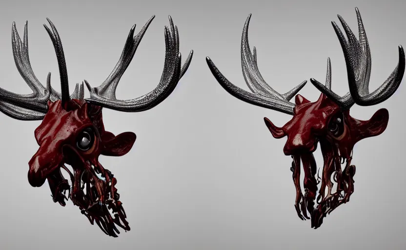 Image similar to stylized shiny polished silver statue full body bizarre cosmic horror quadruped animal moose deer skull four legs made of slug creature tendrils, perfect symmetrical body, perfect symmetrical face, hyper realistic, hyper detailed, by johannen voss, by michelangelo, octane render, blender, 8 k, displayed in pure white studio room anatomical deep red arteries veins flesh