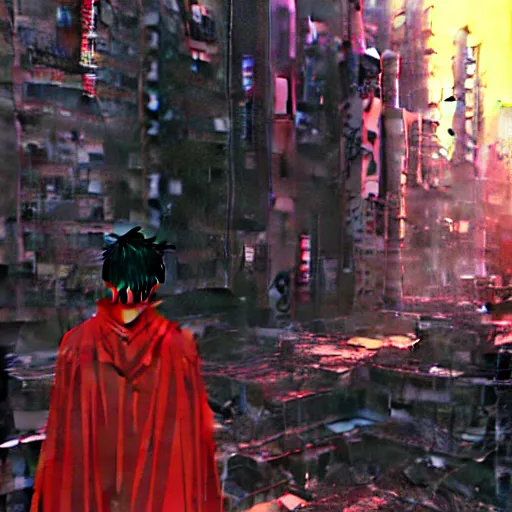 Image similar to tetsuo observing the ruins of neo - tokyo, red cape, akira | anime, matte painting, dystopian megacity neo - tokyo akira, shaded perfect, fine details. realistic shaded lighting anime manga artwork by katsuhiro otomo, akira, artgerm, jeremy lipkin and michael garmash and rob rey