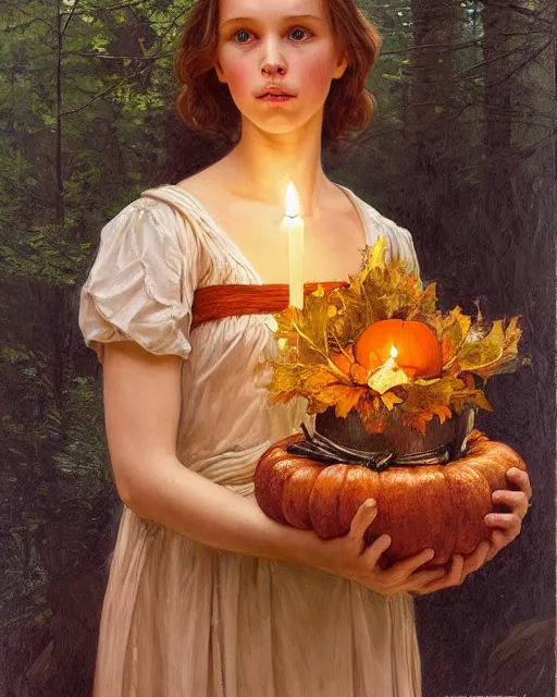 Prompt: a realistic candlelit portrait painting of a thoughtful girl resembling a young, shy, redheaded alicia vikander or millie bobby brown wearing peasant dress carrying a jack - o - lantern in a fall forest at night, highly detailed, intricate, concept art, artstation, by donato giancola, alphonse mucha, and william bouguereau