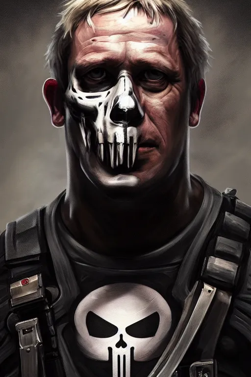 Image similar to Boris Johnson as Punisher, portrait, skull spraypainted on the vest, highly detailed, digital painting, artstation, concept art, smooth, sharp focus, illustration, cinematic lighting, art by artgerm and greg rutkowski and alphonse mucha