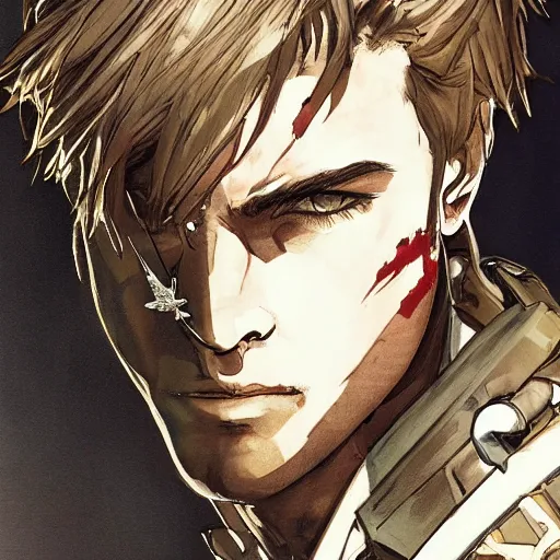 Prompt: cinematic portrait of a young white hero using his right arm to hold his sword covering his eye by yoji shinkawa, high quality, extra details, realism, ornate, colored, golden chain, blood, white skin, short hair, brown eyes, vivid, sunlight, dynamic, american man, freedom, white american soldier, painting, cybernetics, military