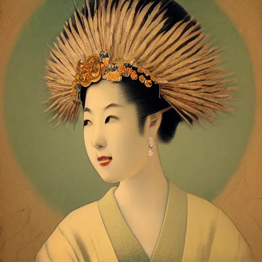 Prompt: beautiful japanese vintage panting of a lady in headdress, 3d rendered, depth of field, ultra detailed, rococo, zen concept