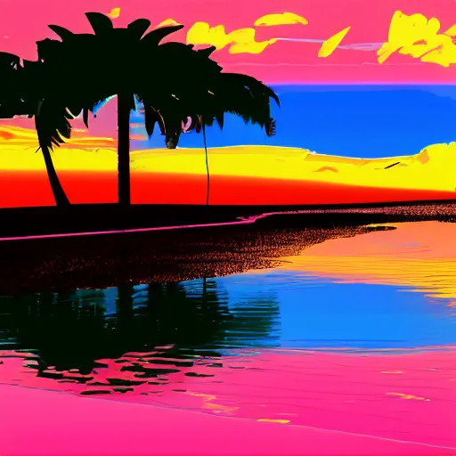 Image similar to A synthwave style sunset above the reflecting water of the sea, concept art