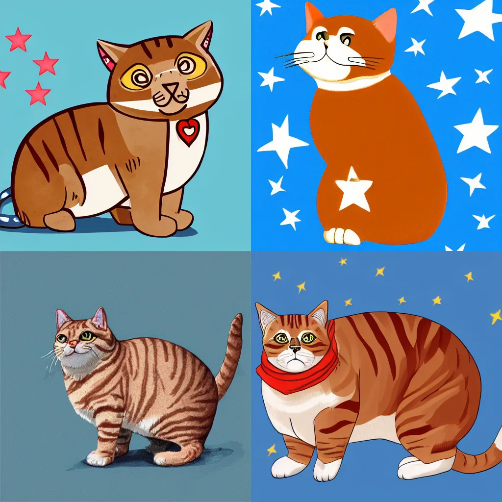 Prompt: sad overweight tabby cat standing on two feet, wearing light blue boxer shorts with white stars on them, digital art, trending on art station 4k
