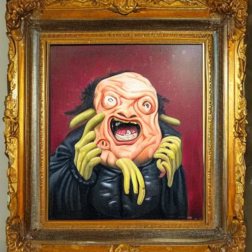 Image similar to oil painting with black background by christian rex van minnen robert williams todd schorr of a portrait of an extremely bizarre disturbing mutated man with acne intense chiaroscuro lighting perfect composition masterpiece