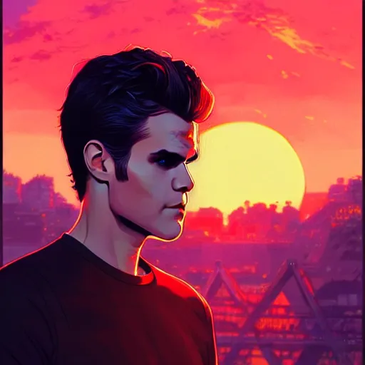 Image similar to Paul Wesley, sunset background, intricate, highly detailed, digital painting, artstation, official media, anime key visual, concept art, rich vivid colors, ambient lighting, sharp focus, illustration, art by Artgerm, Makoto Shinkai, Ilya Kuvshinov, Lois Van Baarle, and Rossdraws