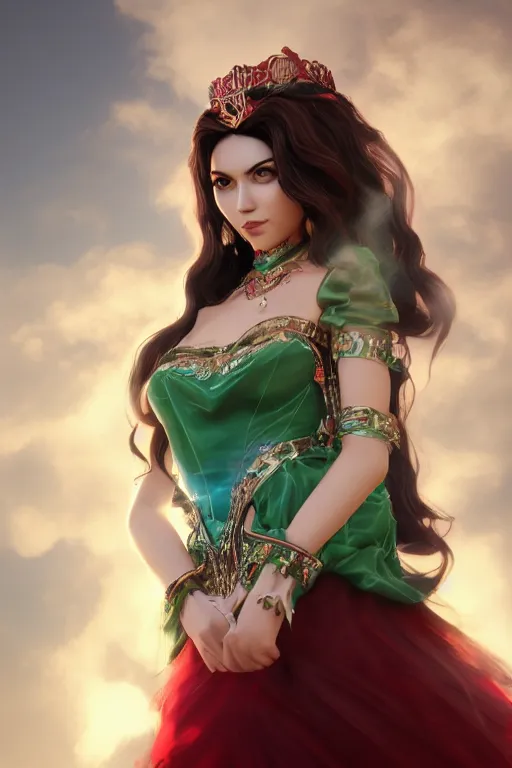 Image similar to dreamy beautiful persian asian princess in clouds, green eyes, red dress, long black curly hair, smiling, wearing a diamond tiara, face, highly detailed, artstation, concept art, sharp focus, hyper realistic, octane render, unreal engine, 8 k