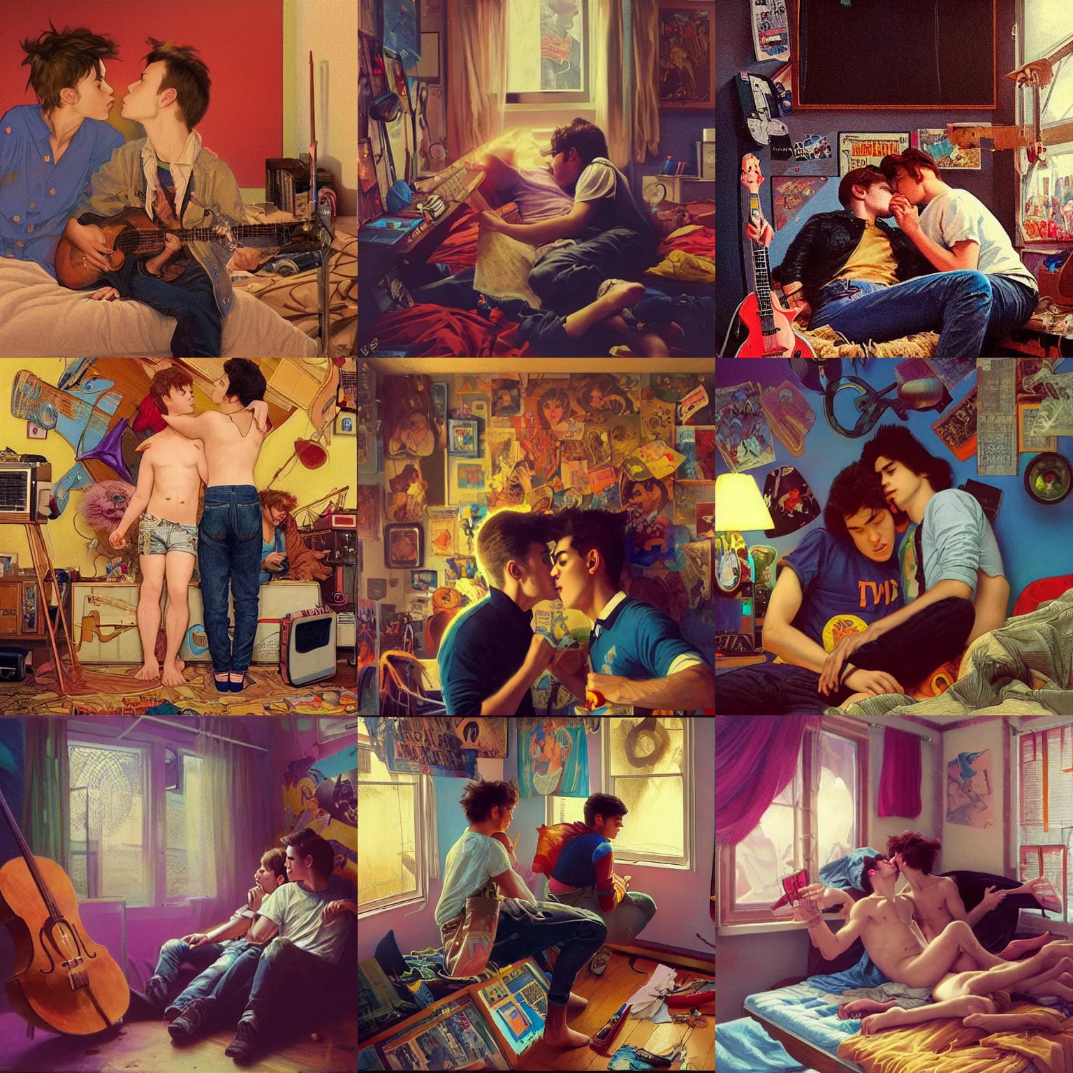 Prompt: two young men kissing in a messy 80s bedroom interior, tons of musical instruments and band posters, warm soft lighting, colorful hyperrealistic surrealism, award winning masterpiece with incredible details, trending on ArtStation, artgerm and greg rutkowski and alphonse mucha, daily deviation, IAMAG