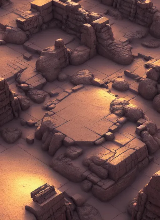 Image similar to isometric view, video game level design of a planet surface with ancient structures, Egyptian, unreal engine, Arnold render, octane render, moody, night, highly detailed, volumetric lighting, glow