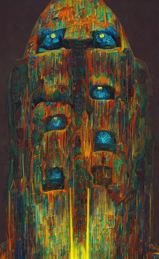 Prompt: portrait of mecha african tribal chief, insibidi symbols, symmetrical, dramatic lighting, colourful, art by zdzislaw beksinski,