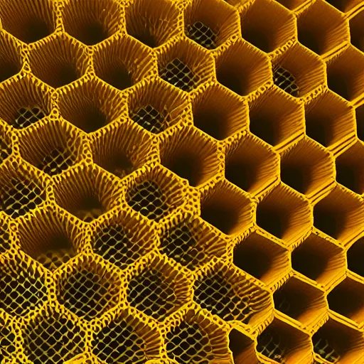 Image similar to architecture made of bees cells, geometric pattern, ultradetailled, uplight, octane render,