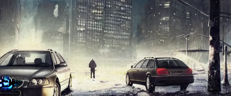 Image similar to Audi A4 B6 Avant (2002), a gritty neo-noir, simon stalenhag, Max Payne (PC) (2001) winter new york at night, dramatic bright lighting, cinematic, establishing shot, extremely high detail, photorealistic, cinematic lighting, artstation, by simon stalenhag, dark night, bright lights, eldritch horror