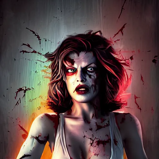 Prompt: angry zombie full body portrait of milla jovovich in an urban szene, grimdark horror, stylized digital illustration, radiating a glowing aura, global illumination, ray tracing, hdr, fanart arstation by ian pesty and katarzyna bek - chmiel