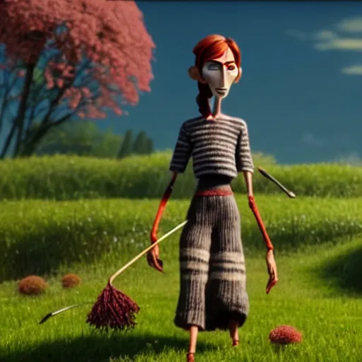 Image similar to a stopmotion animation character, a beautiful canadian woman, pulling weeds out frantically, some grey hair, stripey pants, octane render, 8 k, kubo and the two strings, german expressionism