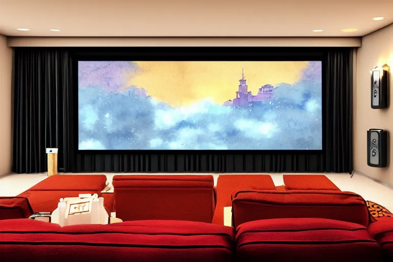 Image similar to very wide view of a modern home movie theater with giant projector screen!!, detailed art deco decoration!, wall lights, plant, popcorn machine, beautiful watercolor painting!!!, trending on artstation