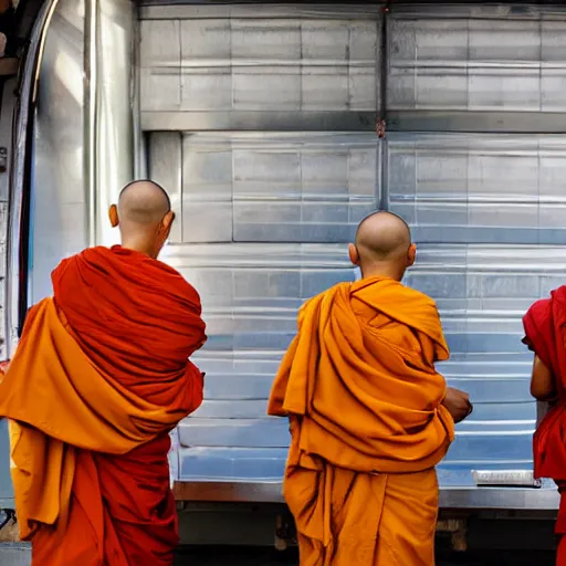 Prompt: Thai Buddhist monks on alms round in the early morning. On a space station.