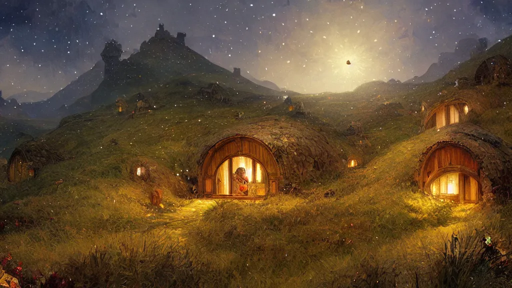 Prompt: a beautiful painting of hills in the shire with round hobbit doors and windows during a fireworks festival, at night with a sky full of stars and fireworks, intricate, elegant, highly detailed, digital painting, artstation, concept art, by krenz cushart and artem demura and alphonse mucha