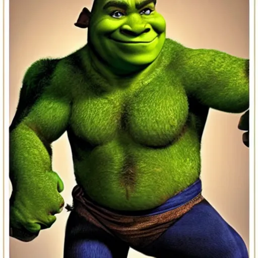 Prompt: cross breed of shrek and chuck norris