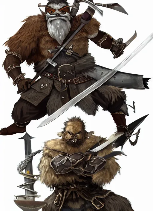 Prompt: strong young man, photorealistic bugbear ranger holding aflaming sword, black beard, dungeons and dragons, pathfinder, roleplaying game art, hunters gear, jeweled ornate leather and steel armour, concept art, character design on white background, by studio ghibli, makoto shinkai, kim jung giu, poster art, game art