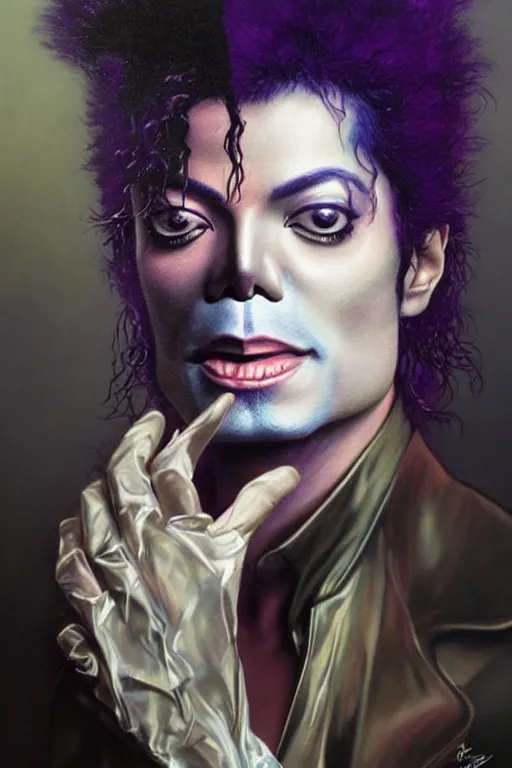 Prompt: A mystical mesmerizing 8k hyperrealistic Photo Portrait Michael Jackson transforming into a purple haze, soft, sharp focus, detailed, art by Greg Rutkowski and artgerm and Alphonse Mucha