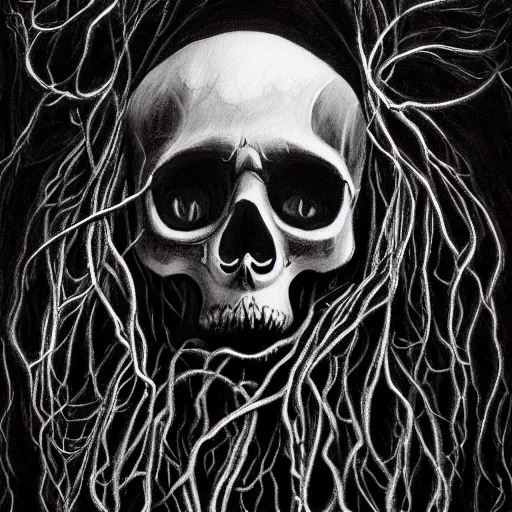 Prompt: award - winning painting of a skeleton infested with pitch black, tar - like, shadow roots with lots of tendrils on the skin, black veins, intricate detail, deep black roots, infestation, shadowy, lovecraftian, beksinksi, black and white, chiaroscuro, portrait painting