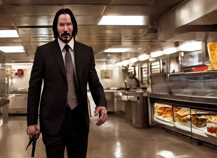 Image similar to film still of john wick played by keanu reeves working in a fast food restaurant in the new john wick movie, 4 k