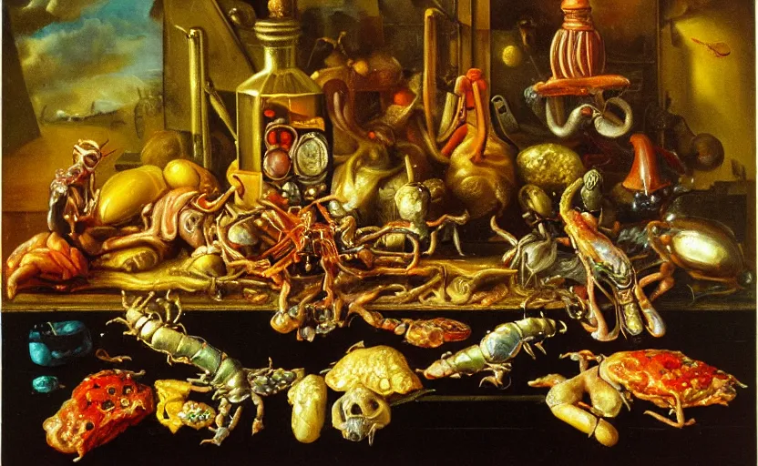 Image similar to disturbing colorful oil painting dutch golden age vanitas still life with bizarre objects strange gooey transparent surfaces shiny metal reflections bizarre mutant meat insects rachel ruysch dali todd schorr very detailed perfect composition rule of thirds masterpiece canon 5 0 mm, cinematic lighting, photography, retro, film, kodachrome