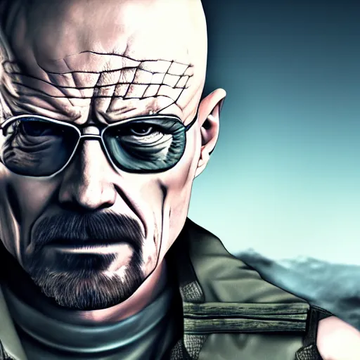 Prompt: walter white wearing an eyepatch and dressed as solid snake from metal gear, 4 k, hyper realistic, dslr, high resolution, landscape, beautiful